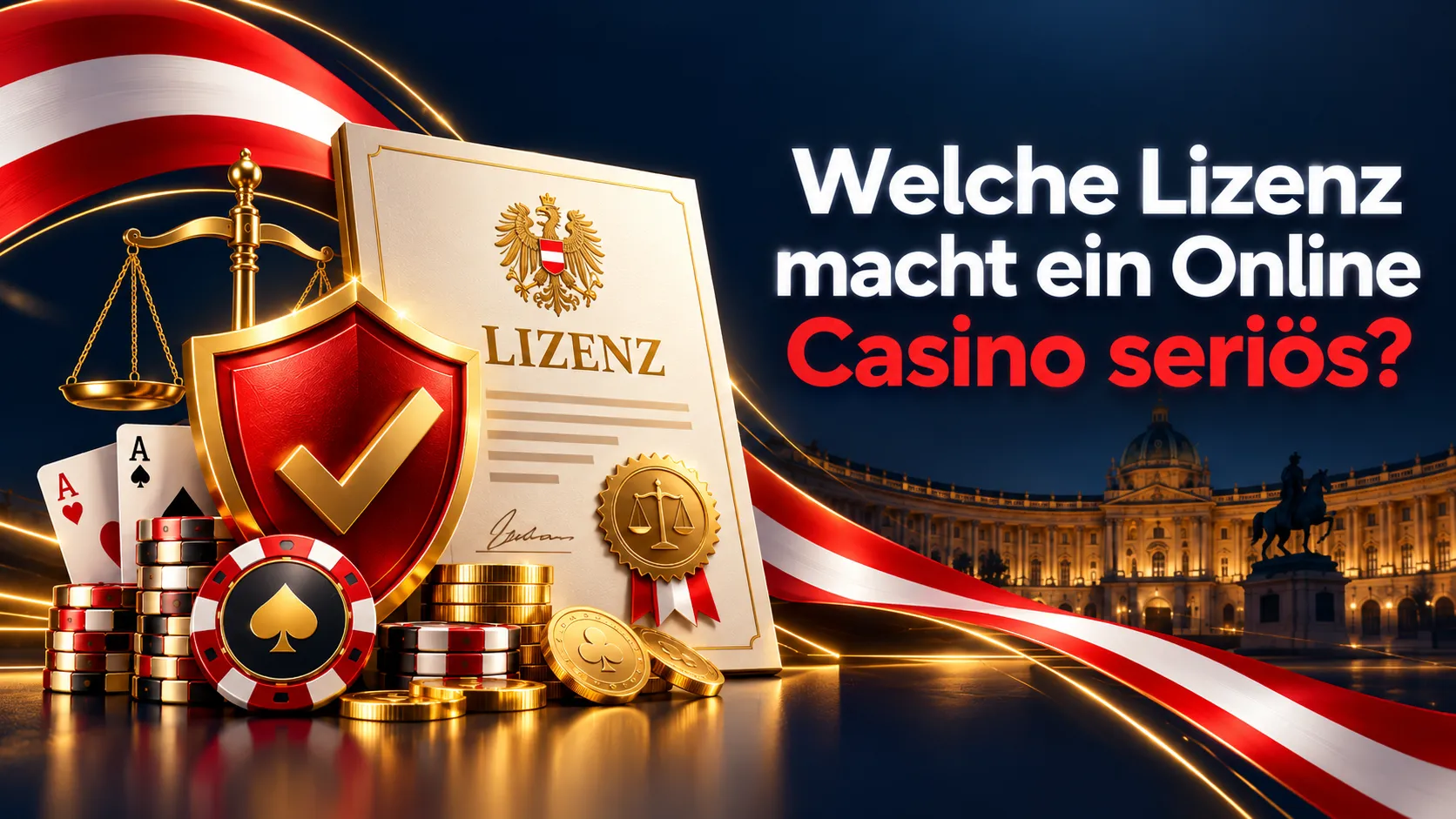 Casino Lizenz in Österreich mit offiziellem Zertifikat, goldenem Prüfsiegel, Waage und Sicherheitszeichen für Seriosität.