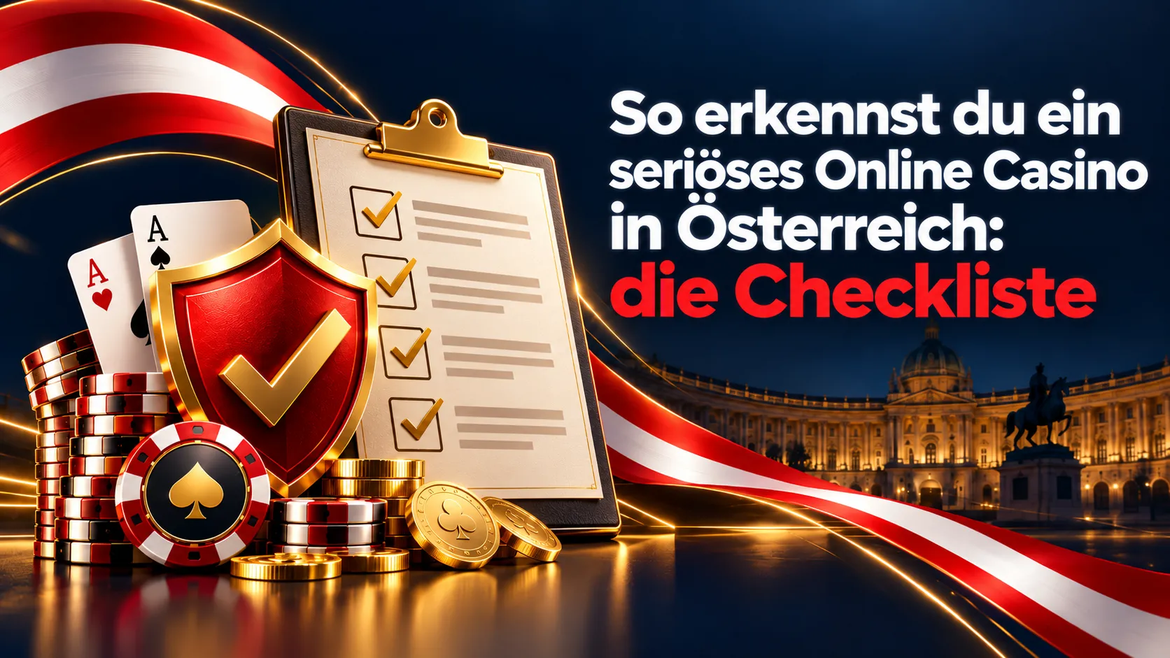 Checkliste für seriöse Online Casinos in Österreich mit geprüften Kriterien, Schutzschild, Spielkarten und Casinochips.